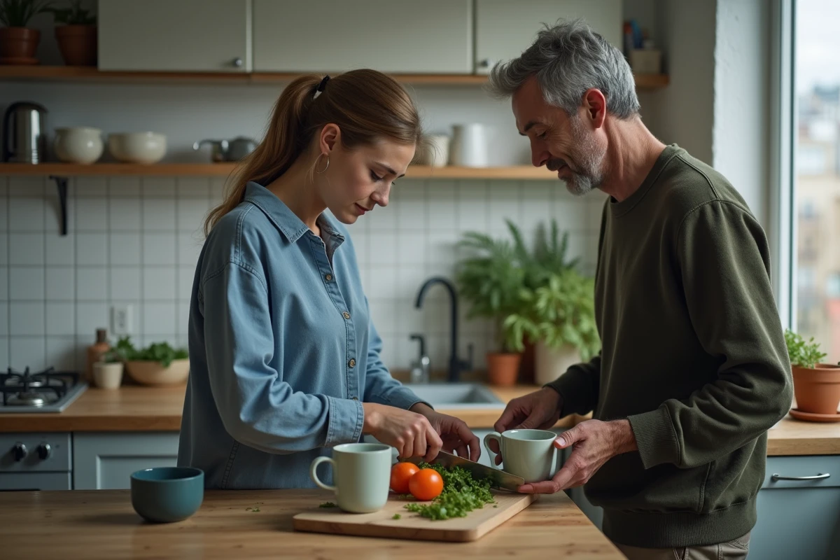 Homme posant un thé à côté de sa compagne sans la regarder dans une cuisine du quotidien, scène illustrant la routine de couple et la question de l'amour véritable