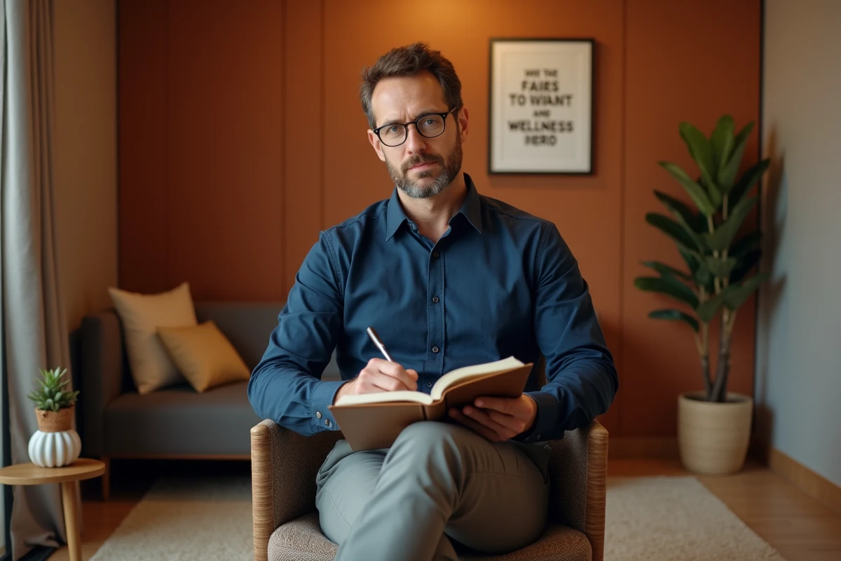 Homme écrivant dans un journal intime dans une salle de bien-être au travail pour améliorer sa santé psychologique