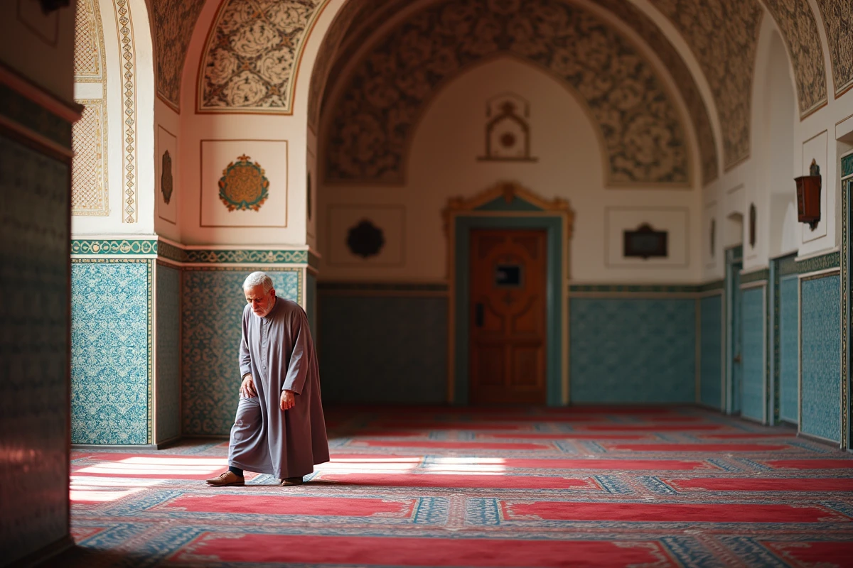 Visiteur retirant ses chaussures avant d'entrer dans la salle de prière de la mosquée lors d'une première visite
