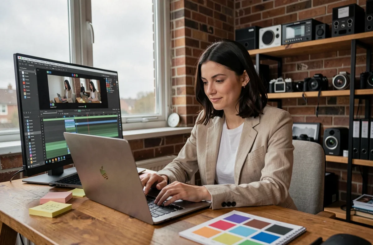 Sarah Steck, vidéaste, travaillant sur le montage de ses vidéos dans son studio d'édition avec moniteur et timeline vidéo visible