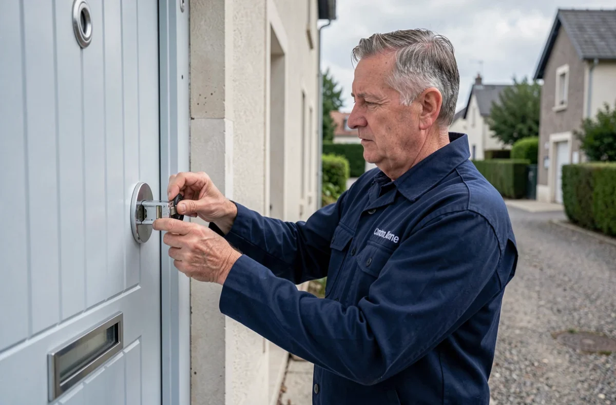 Technicien de SAS Bugeaud installant un système de verrouillage multipoints sur une porte d'entrée PVC dans une maison en Creuse