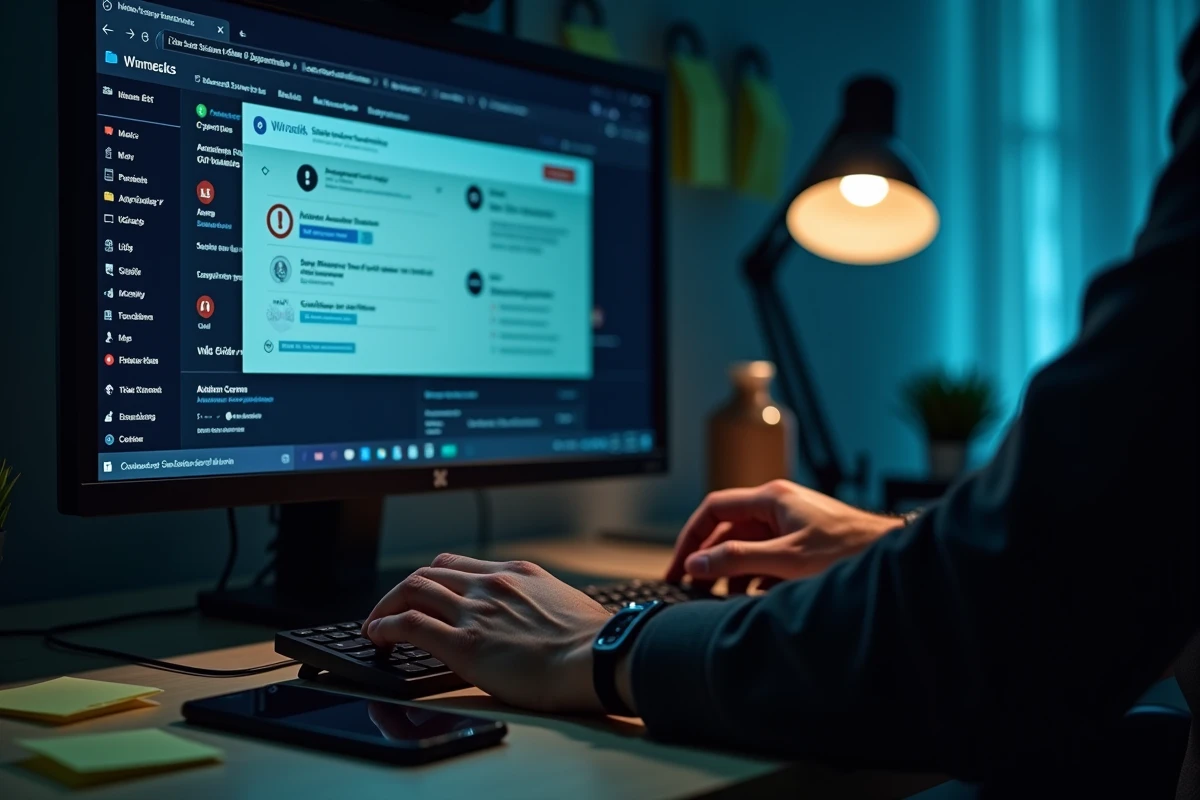 Écran d'ordinateur affichant un scan antivirus avec des menaces détectées et des publicités intrusives sur un site web douteux