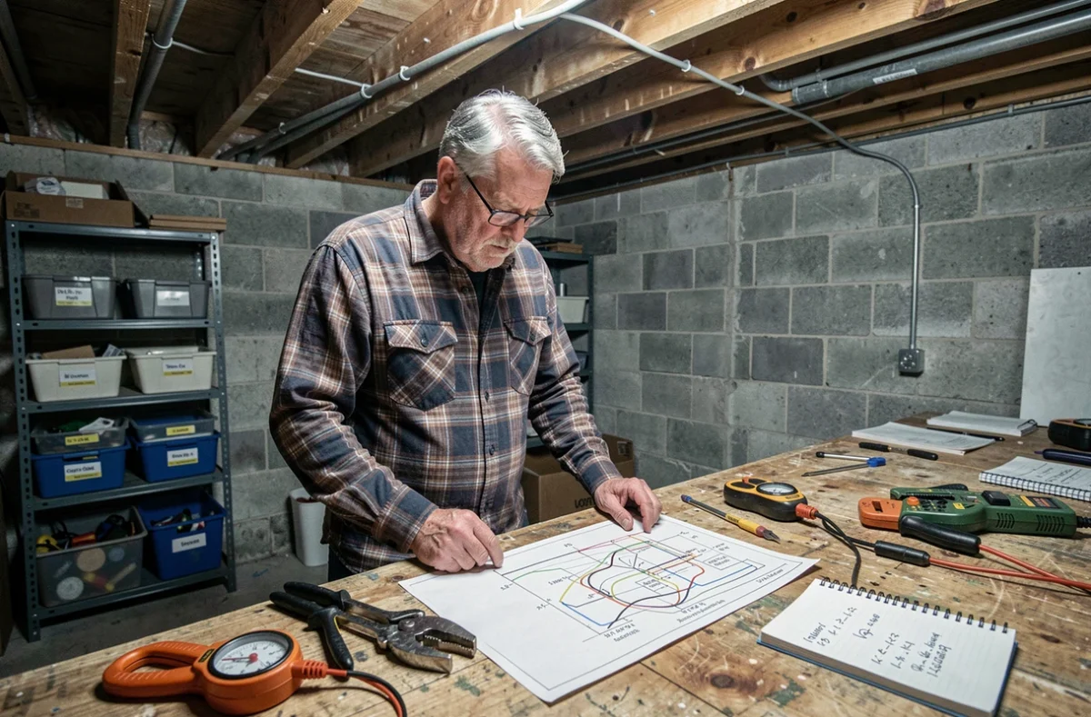 Propriétaire étudiant un schéma électrique avec un ampèremètre pour calculer la conversion watt ampère dans son sous-sol