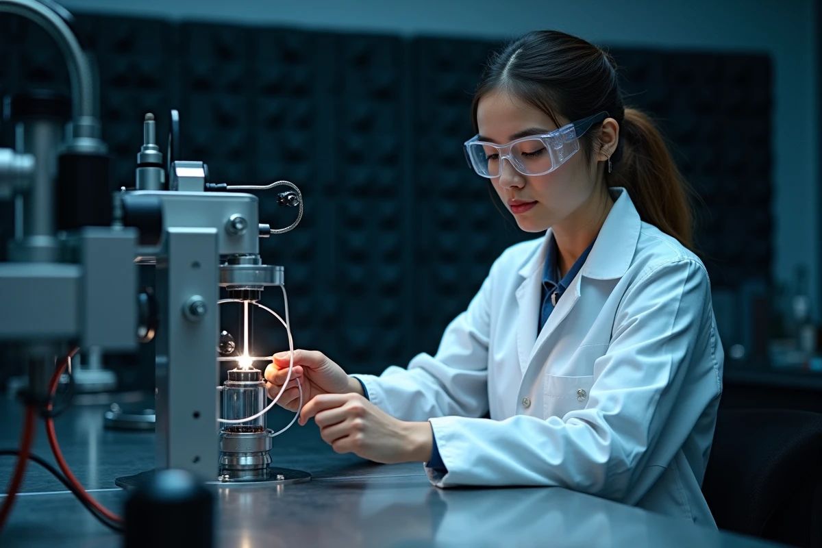 Scientifique réglant un dispositif optique quantique dans un laboratoire de photonique