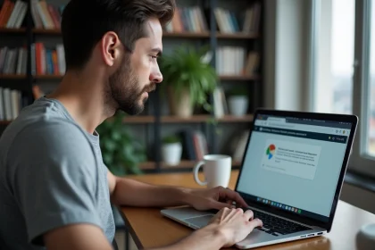 Homme analysant un avertissement de sécurité sur un navigateur web, illustrant la fiabilité d'un site internet en 2026