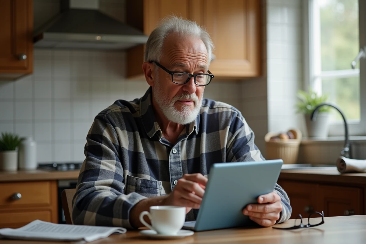 Homme senior consultant une application de santé basée sur l'intelligence artificielle sur une tablette dans sa cuisine
