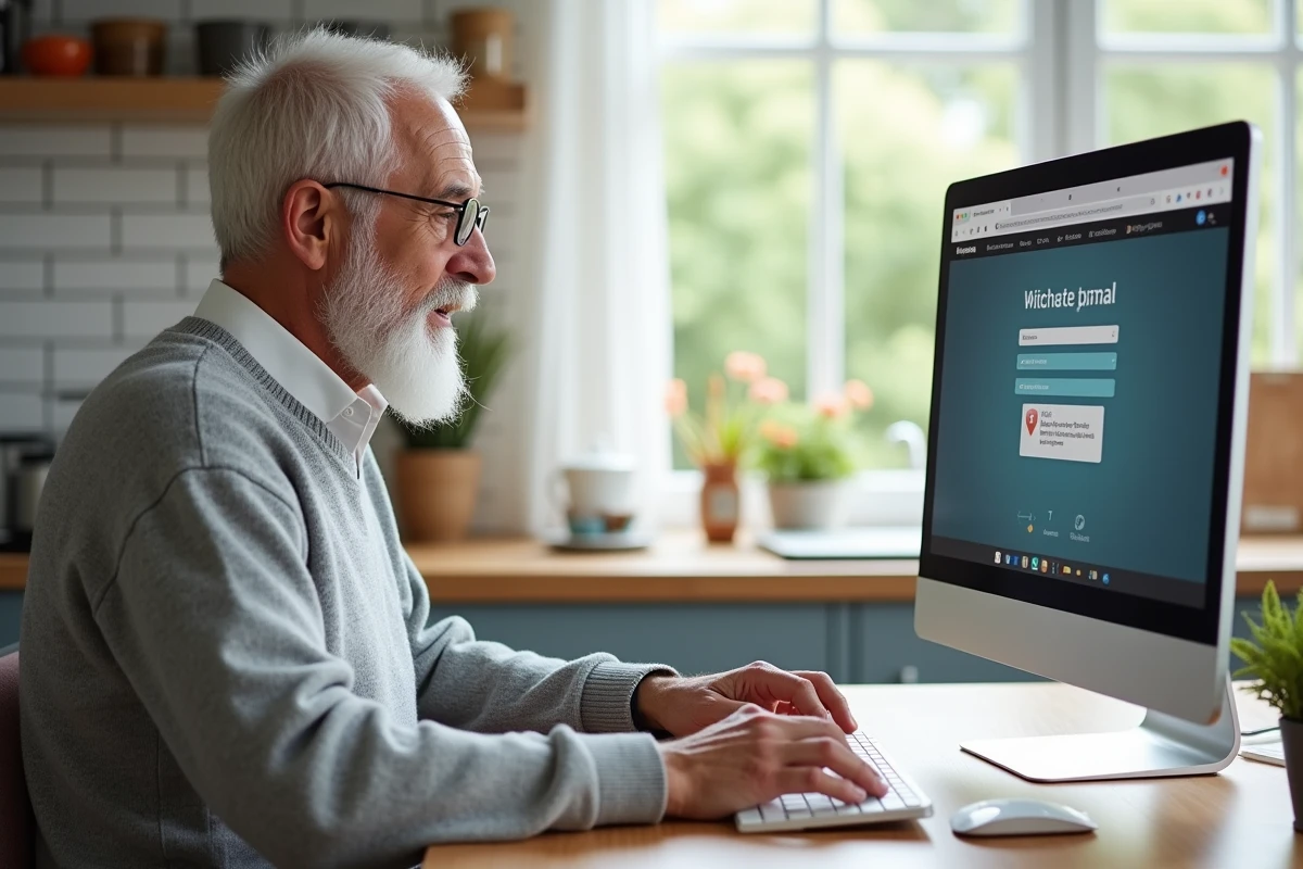 Homme âgé effectuant sa demande de retraite complémentaire en ligne depuis son domicile