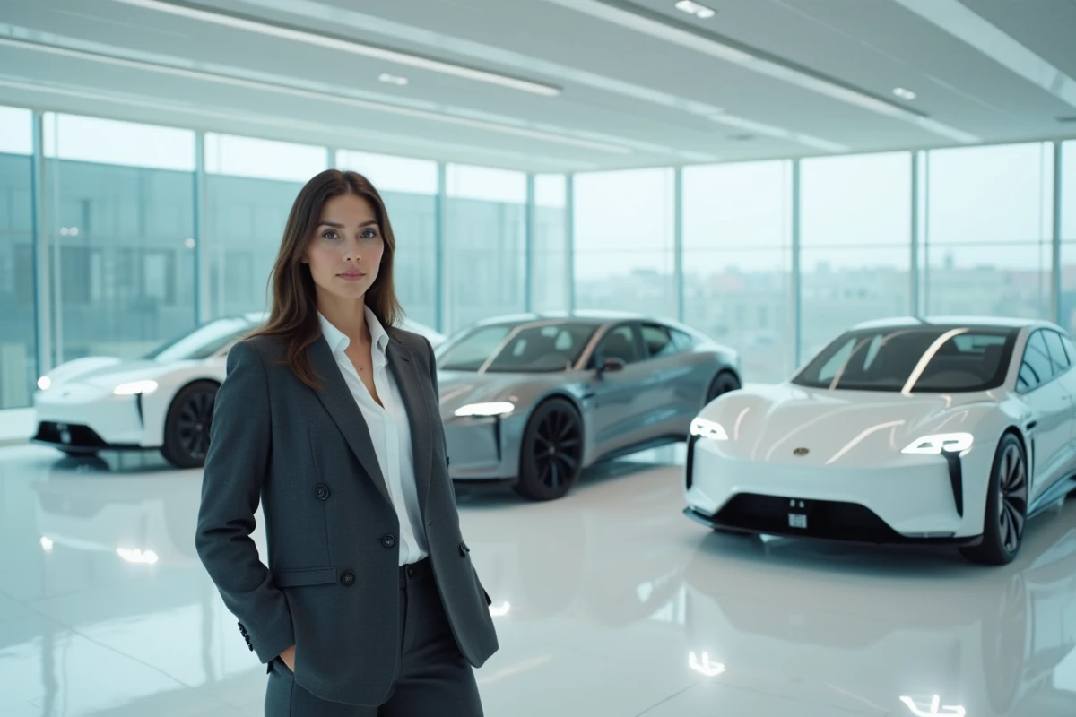 Femme d'affaires dans un showroom automobile futuriste entouré de véhicules électriques et hybrides, représentant les tendances de l'industrie automobile pour les cinq prochaines années
