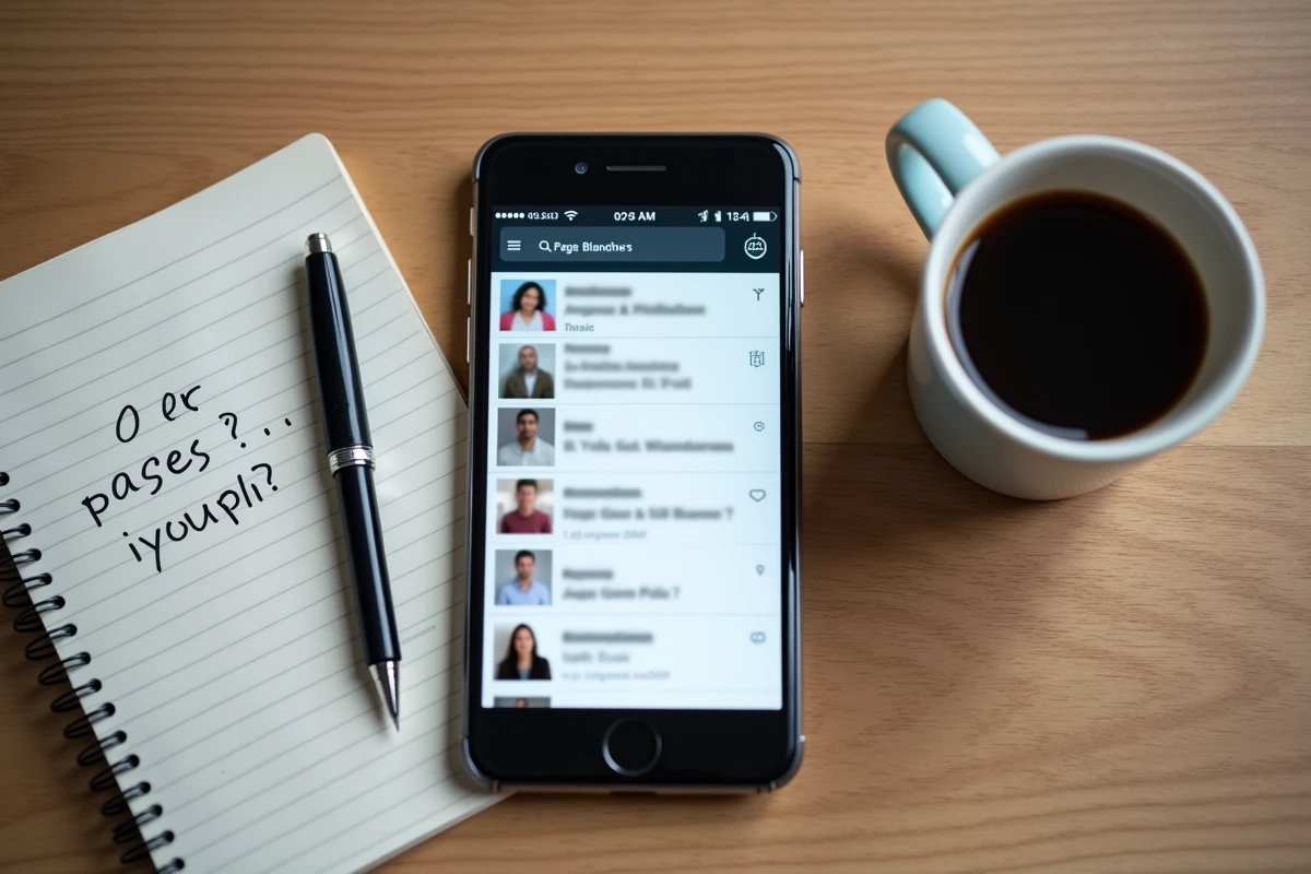 Smartphone affichant les résultats d'un annuaire inversé Pages Blanches sur un bureau en bois