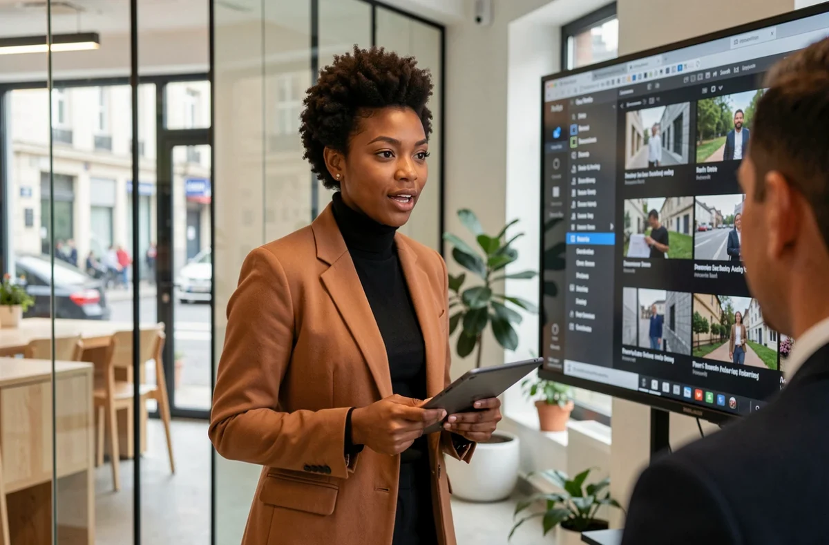So Anezot, vidéaste, présentant son portfolio vidéo à un client dans un espace de coworking moderne à Rouen