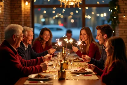 Famille multigénérationnelle fêtant le nouvel an 2026 dans un lieu festif kids-friendly avec décoration dorée et enfants souriants