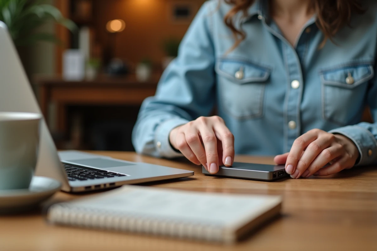 Femme connectant un SSD externe NVMe haute vitesse à un ordinateur portable dans un café