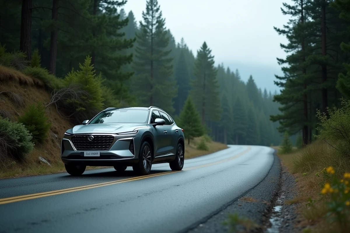 SUV hybride sur une route de montagne sinueuse entourée de forêt verte, illustration d'une conduite écologique