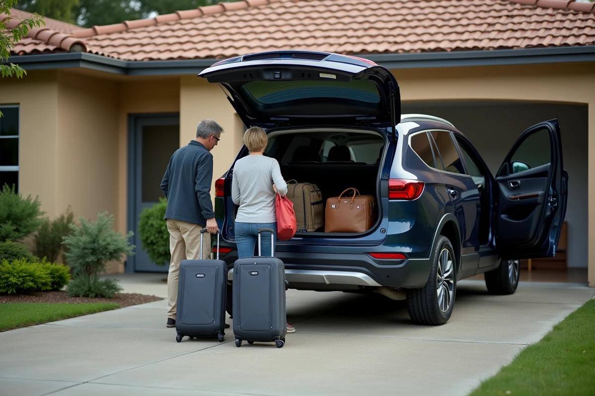Couple chargeant des bagages dans le coffre d'un SUV midsize devant une maison de banlieue