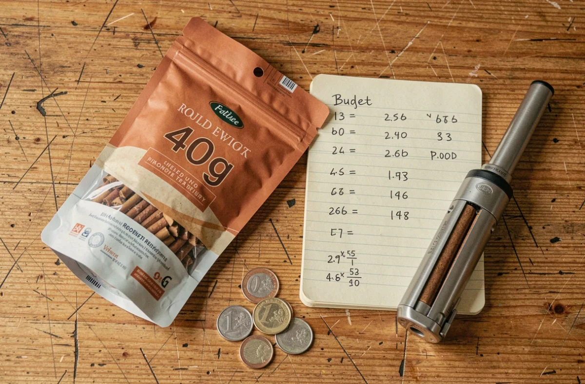 Vue de dessus d'un paquet de tabac à rouler 40g avec un carnet de budget et des pièces d'euro sur un bureau en bois