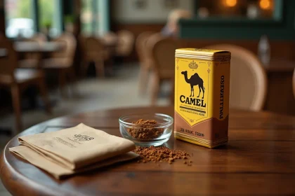Paquet de tabac à rouler Camel 30g posé sur une table de café en bois usé avec un cendrier et des feuilles à rouler