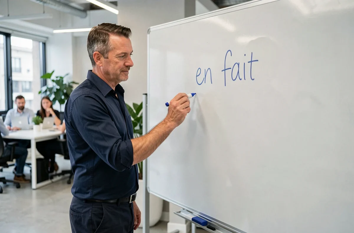 Homme écrivant 'en fait' sur un tableau blanc dans un bureau professionnel pour illustrer une règle d'orthographe