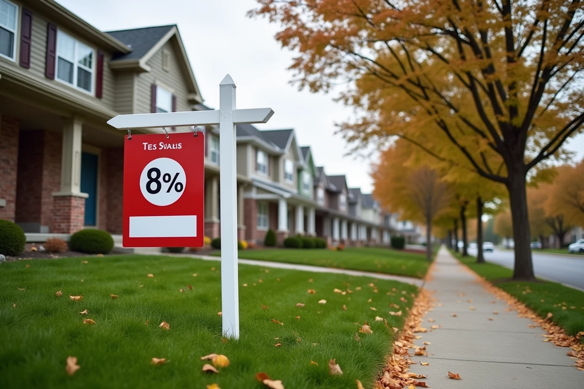 Panneau de vente immobilière avec taux hypothécaire affiché devant des maisons en banlieue résidentielle