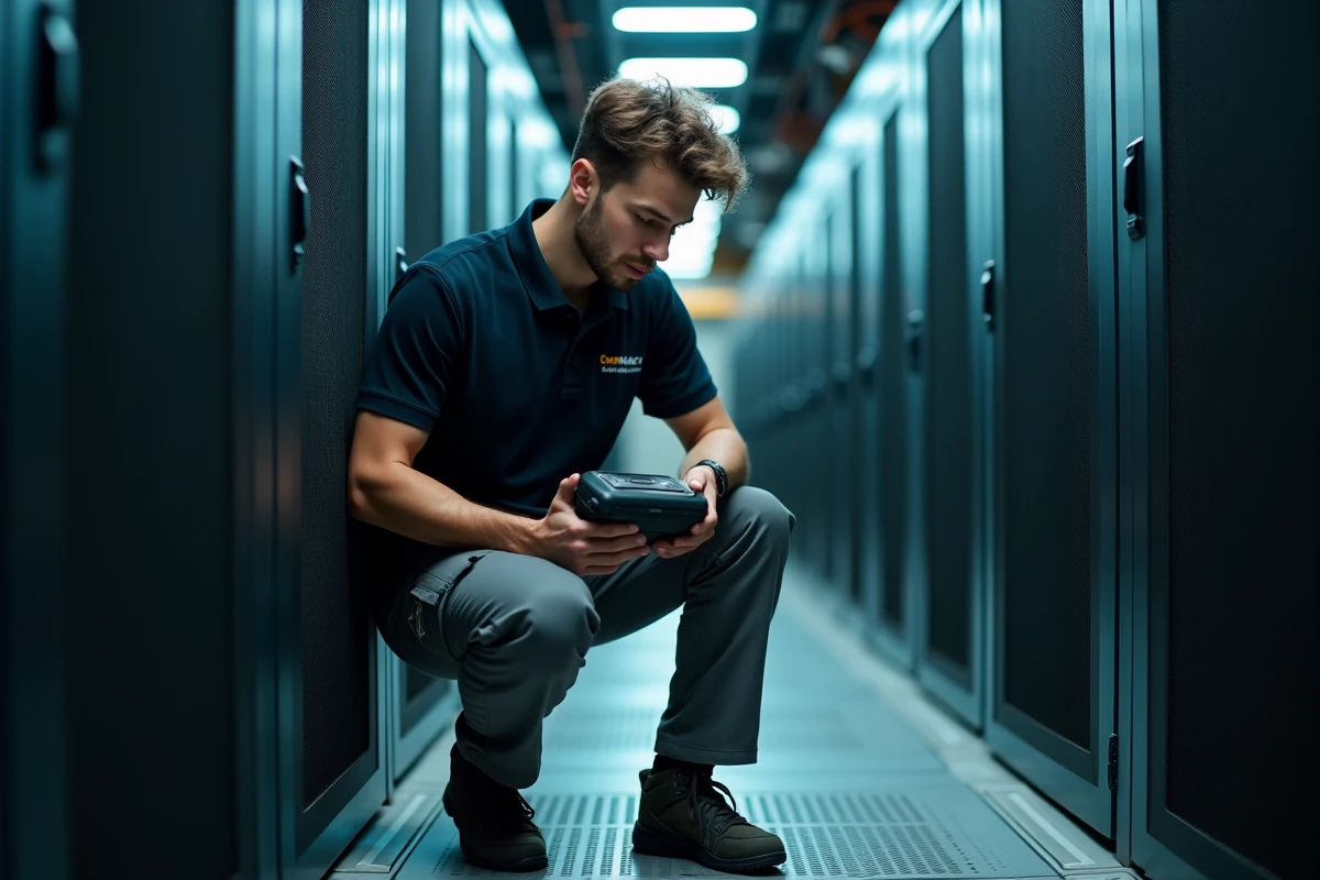 Technicien informatique utilisant un scanner portable durci dans une allée de datacenter, illustrant la mobilité terrain dans l'informatique industrielle