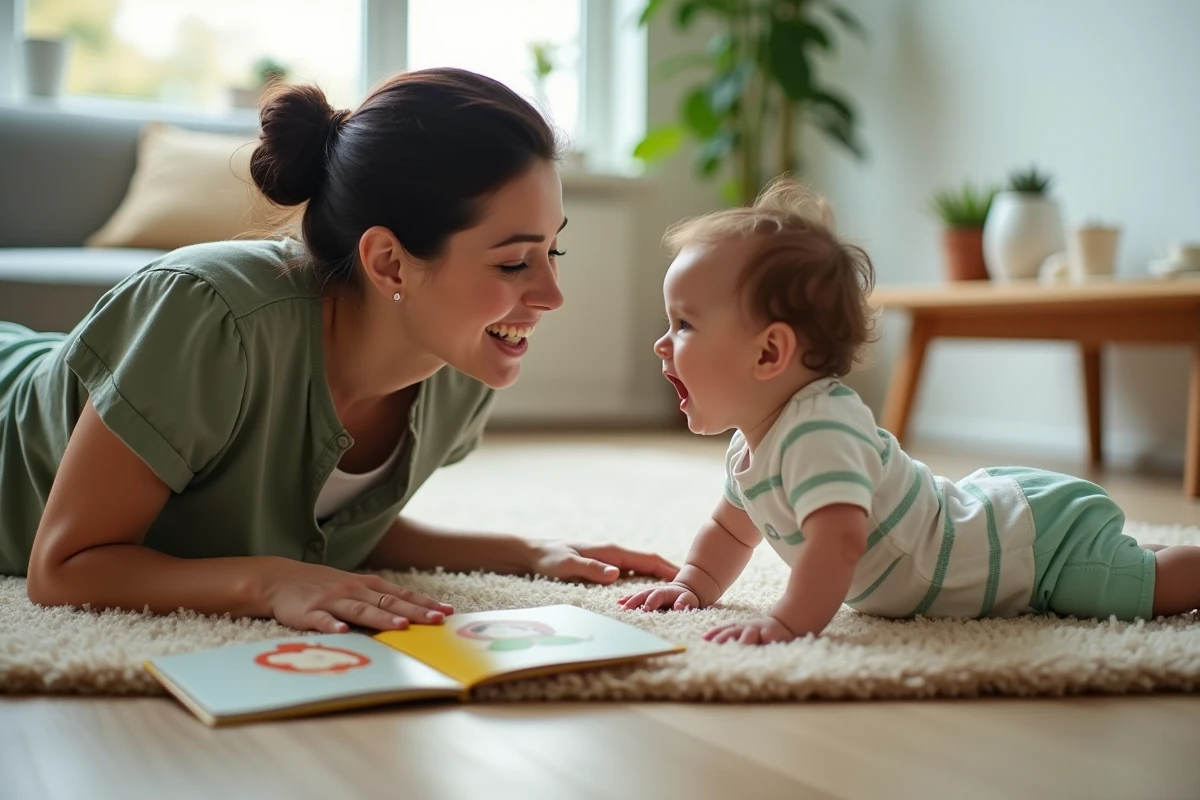Mère allongée au sol faisant du temps ventre avec son bébé de 8 mois sur un tapis douillet dans un salon chaleureux