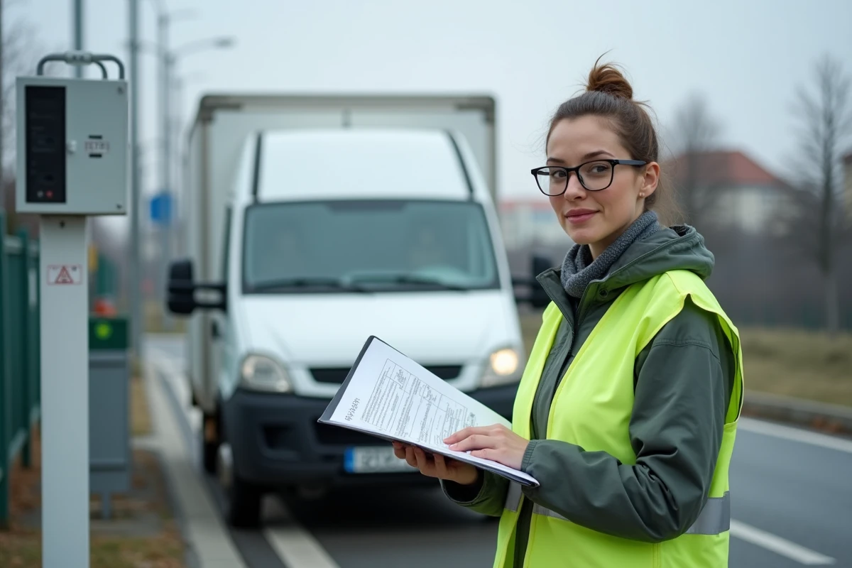 Technicienne contrôlant les émissions polluantes d'un véhicule lors d'un test de conformité Euro 6d en milieu urbain
