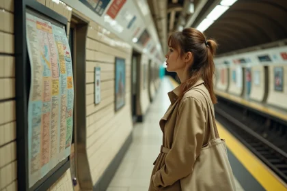 Touriste consultant le plan du métro parisien sur le quai d'une station