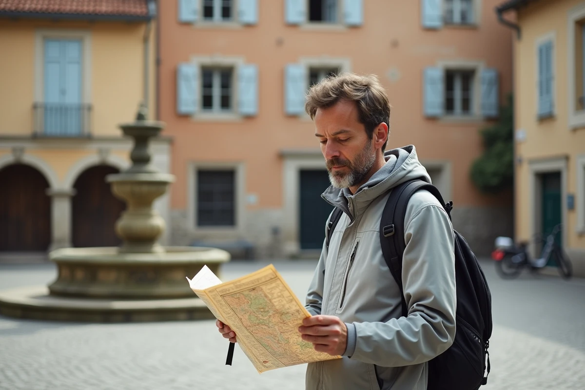 Touriste masculin consultant une carte dans un village français, sécurité et préparation du voyage en France 2026