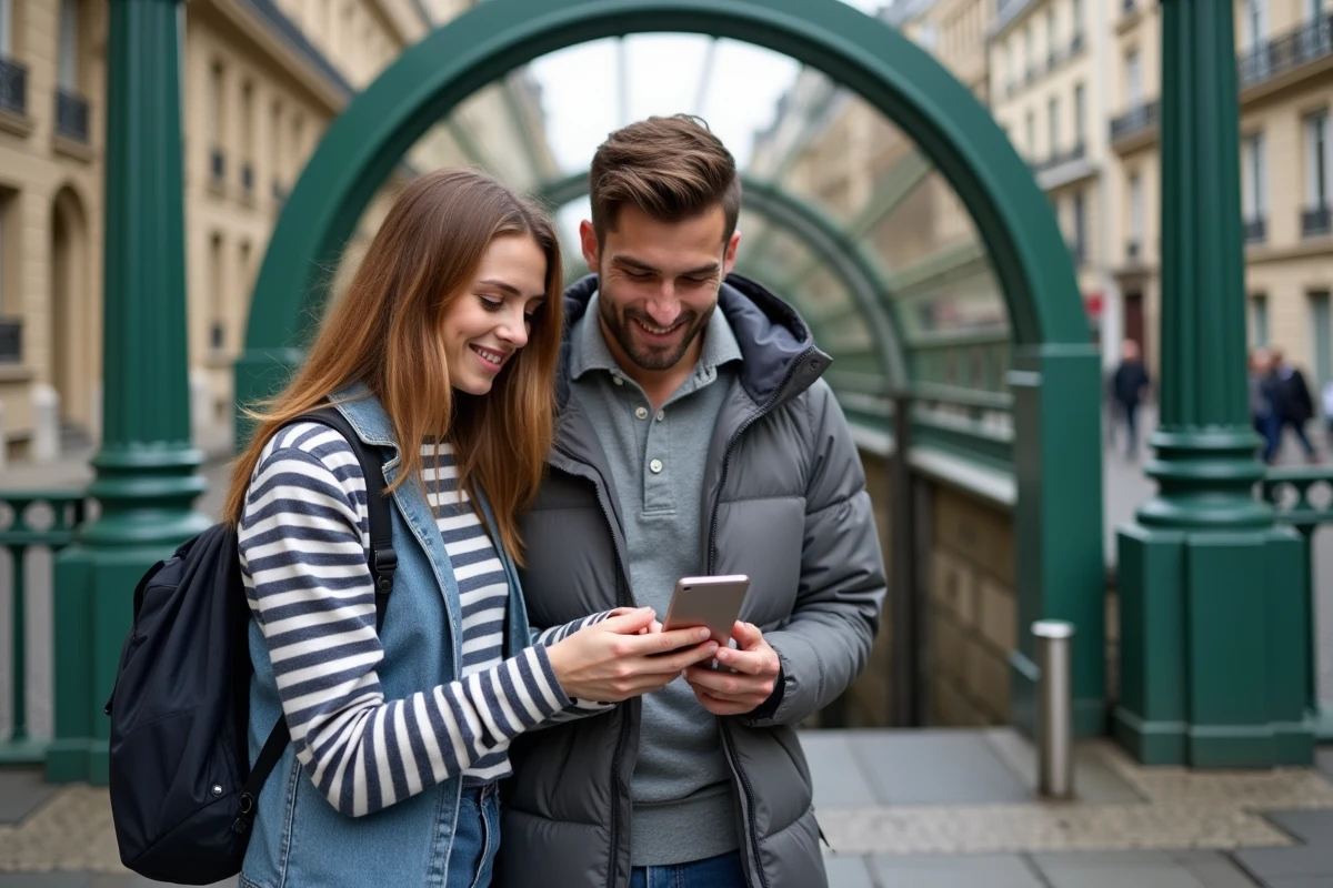 Couple de touristes consultant le plan du métro Paris sur smartphone à l'entrée d'une station