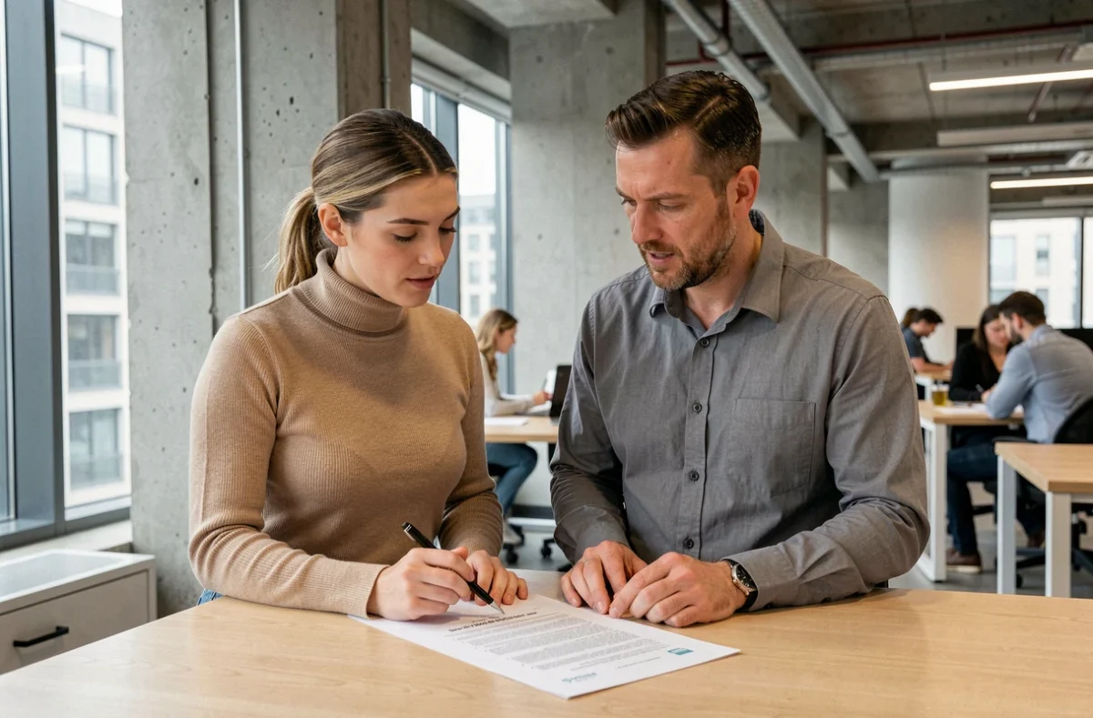 Deux collègues examinant un document de traduction bilingue français-arabe marocain dans un espace de coworking moderne