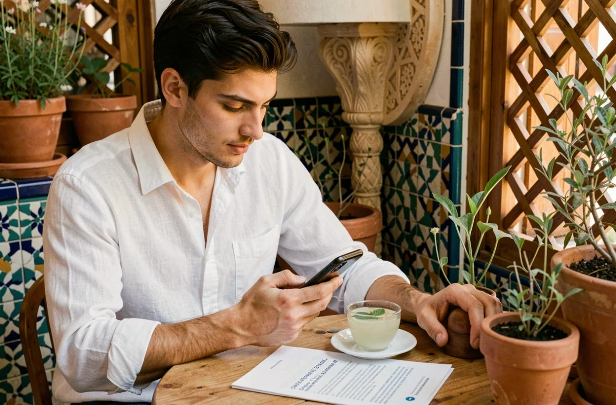 Jeune homme consultant une application de traduction français-marocain sur smartphone dans un café marocain authentique