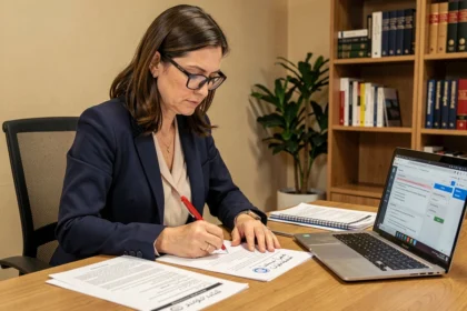 Traductrice professionnelle annotant des documents en français et en arabe marocain sur un bureau en bois dans un bureau moderne