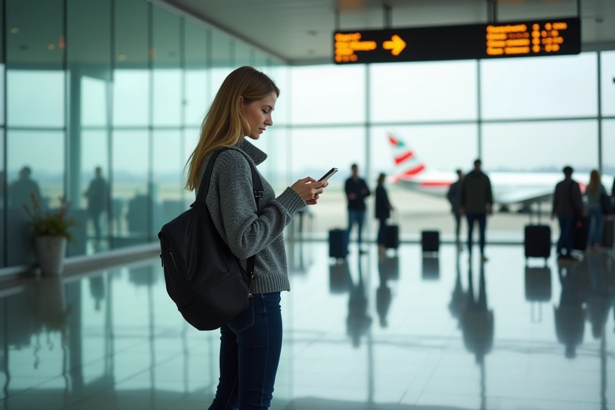 Voyageuse consultant son smartphone dans un hall de départ d'aéroport régional avec avion en arrière-plan