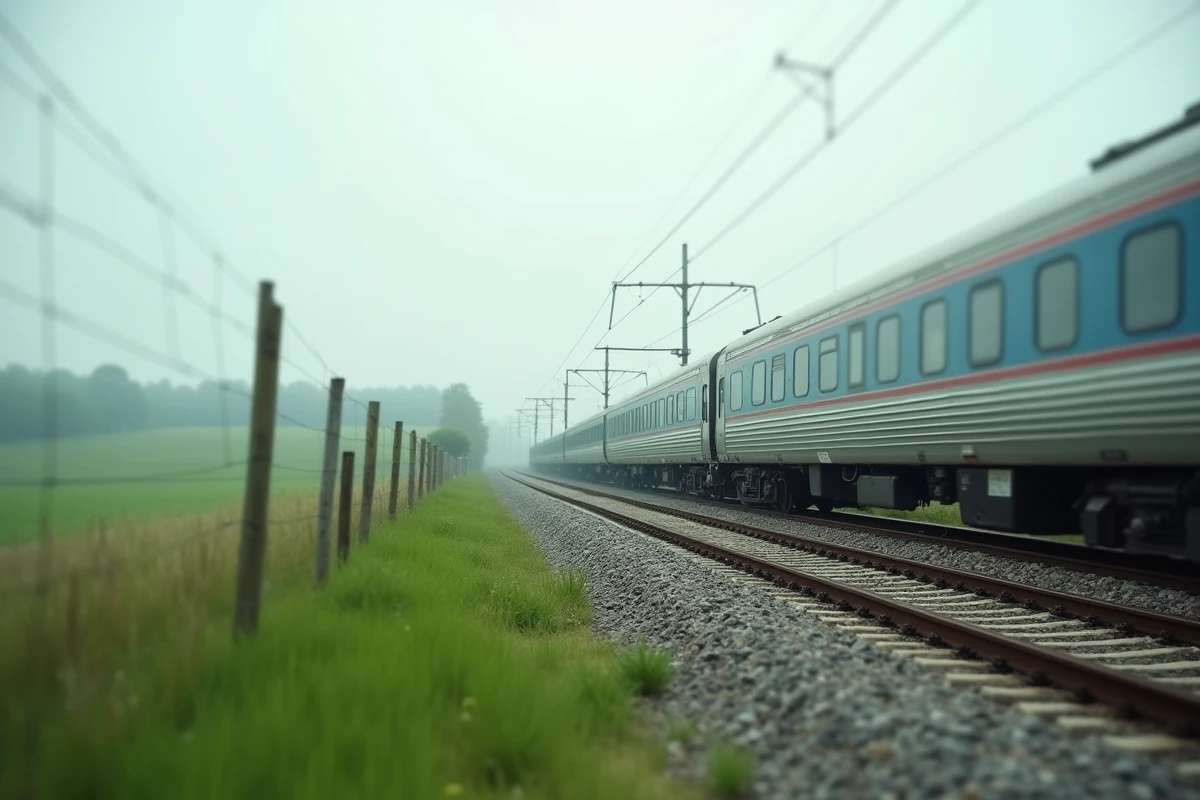 Train de voyageurs traversant une campagne verdoyante vue depuis le bord des rails au niveau du sol