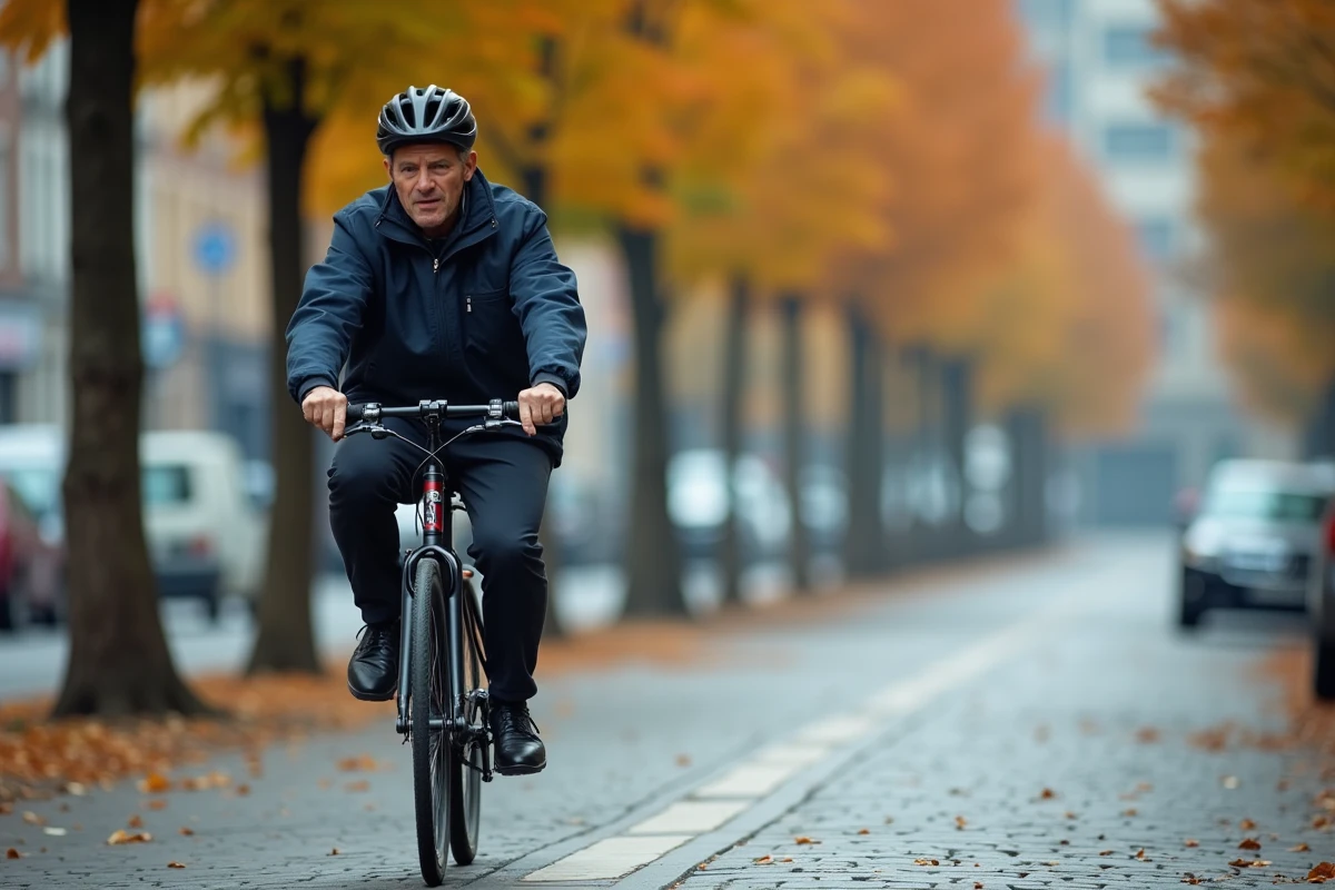 Homme adulte faisant du vélo sur une piste cyclable en ville entourée d'arbres d'automne