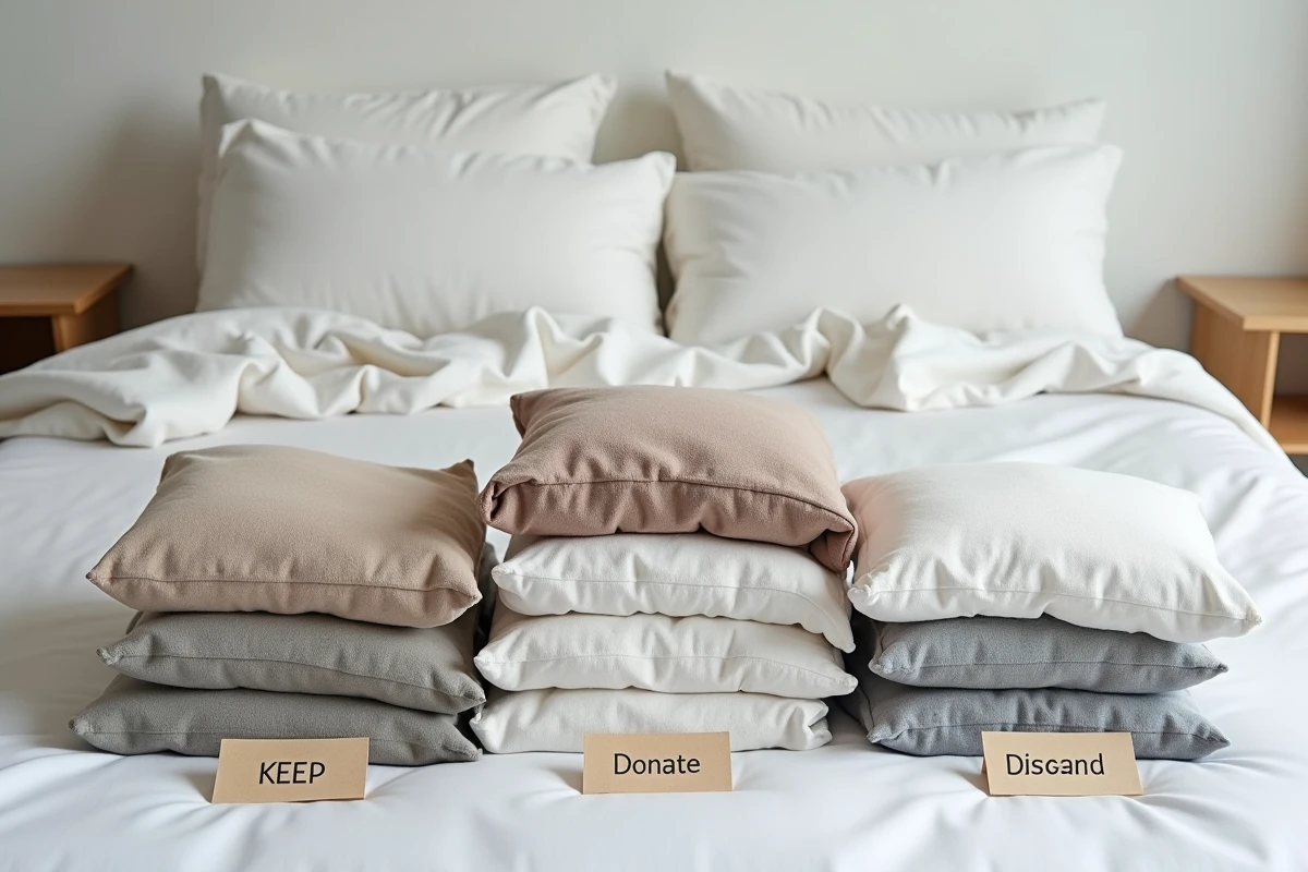 Vêtements triés en trois piles sur un lit blanc avec étiquettes garder, donner, jeter