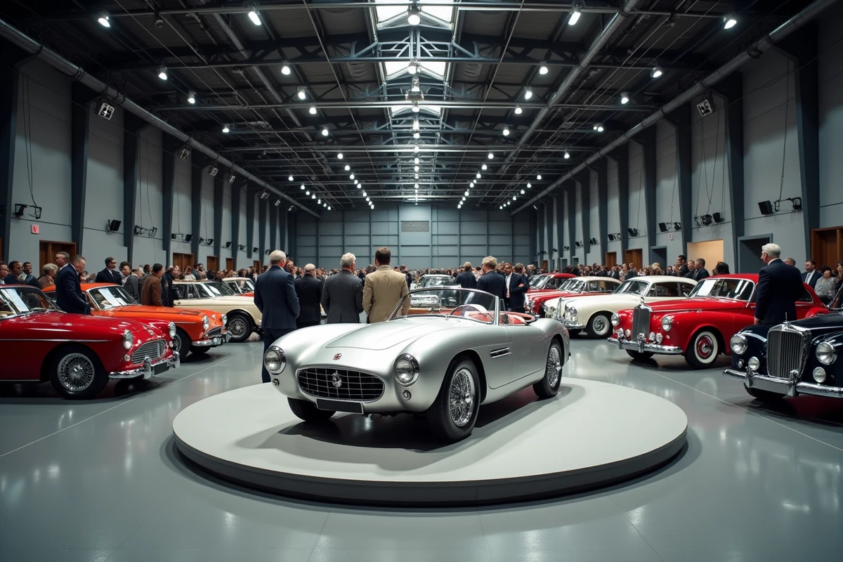 Salle de vente aux enchères de voitures de collection avec roadster argenté en premier plan et acheteurs inspectant des véhicules vintage restaurés