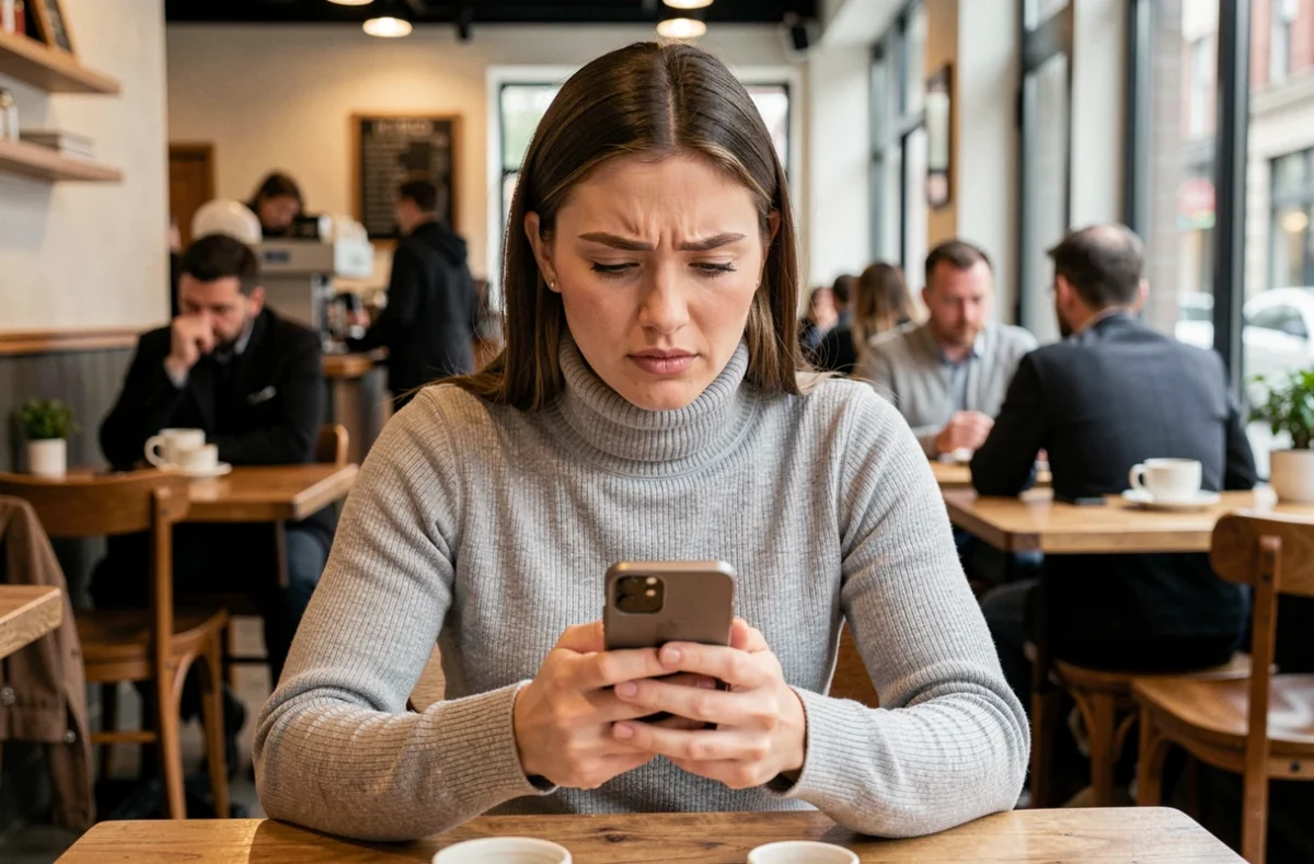 Femme dans un café vérifiant un lien sur son smartphone avec prudence avant d'accéder à un site web