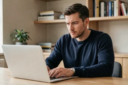 Homme adulte vérifiant un site web sur son ordinateur portable dans un bureau à domicile pour éviter les liens douteux