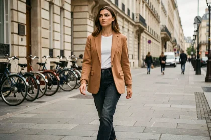 Femme portant une veste oversize camel dans une rue parisienne, silhouette urbaine élégante et moderne