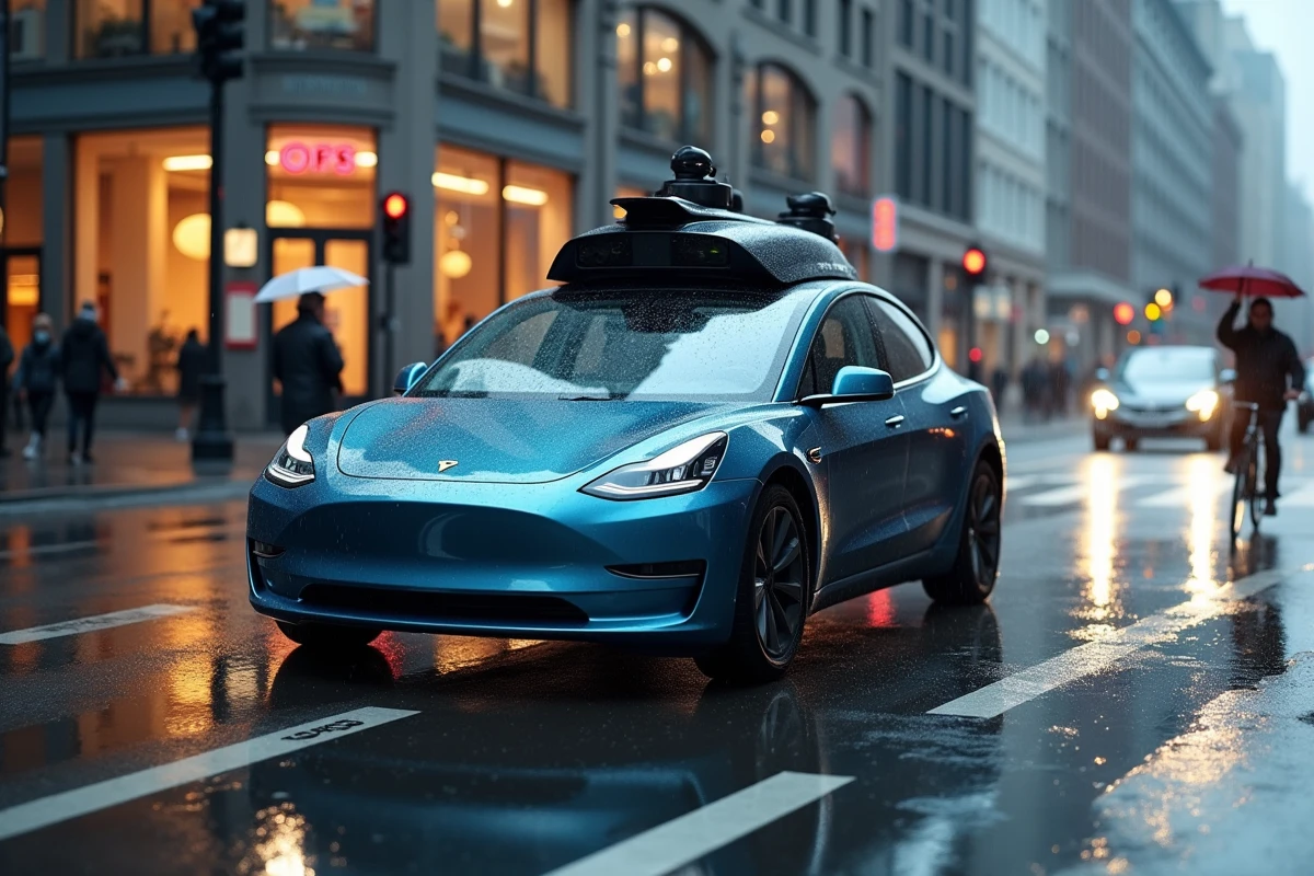 Voiture autonome de niveau 5 avec capteurs lidar naviguant un carrefour urbain sous la pluie en soirée