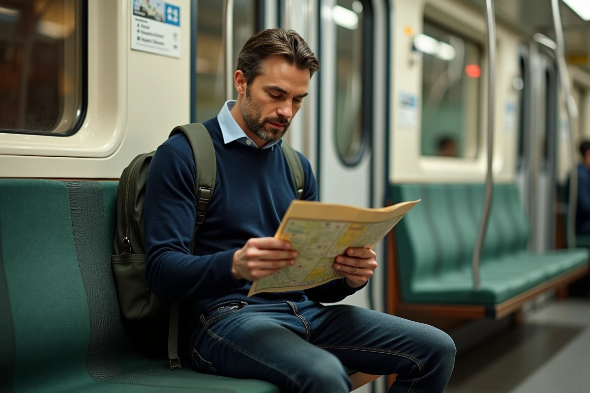 Voyageur lisant la carte du métro de Paris dans une rame de métro