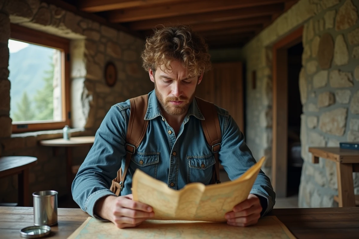 Voyageur consultant une carte papier dans un refuge de montagne, planifiant une aventure en pleine nature