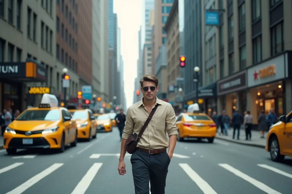 Voyageur seul traversant un carrefour animé de Manhattan à New York en voyage aux États-Unis
