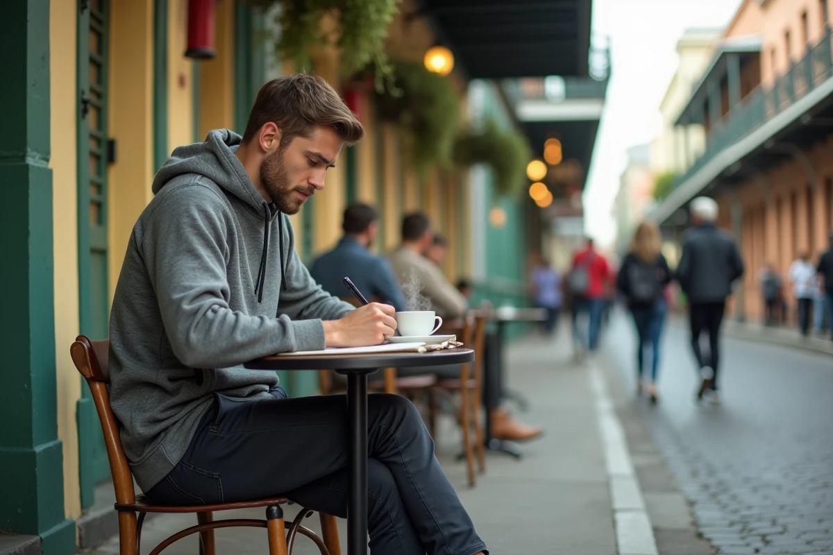 Voyageur solo écrivant dans son carnet dans un café de la Nouvelle-Orléans aux USA