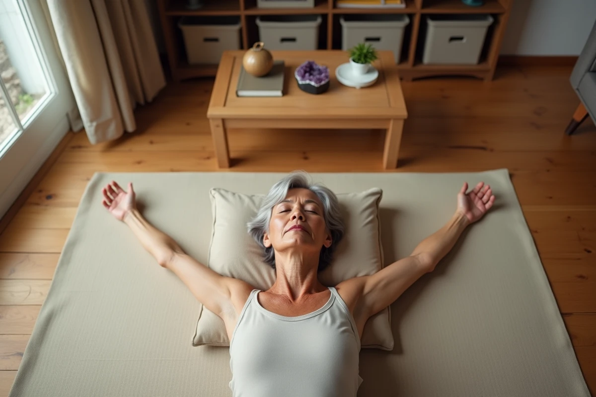 Vue aérienne d'une femme en savasana les yeux fermés sur un tapis de yoga, évoquant la spiritualité et les phénomènes lumineux en méditation profonde
