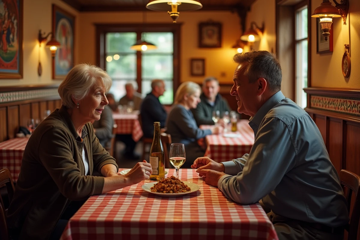 Couple attablé dans une winstub alsacienne traditionnelle dégustant une choucroute garnie et du vin blanc local