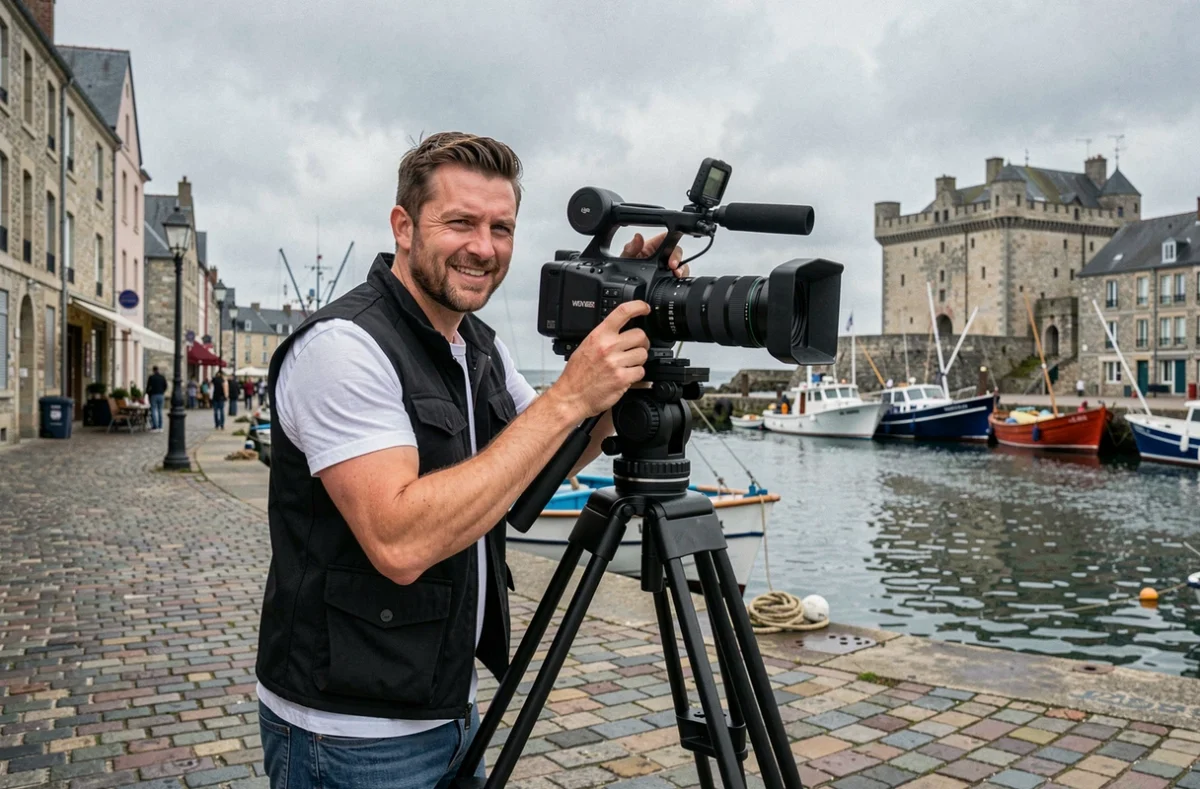 YANK, vidéaste, filmant un projet commercial dans le port historique de Dieppe avec son équipement cinéma professionnel